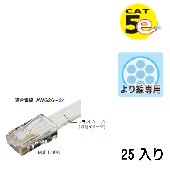 カテゴリー5モジュラープラグ（フラットケーブル用）適合電線 AWG26～24 MJF-H808 25入り