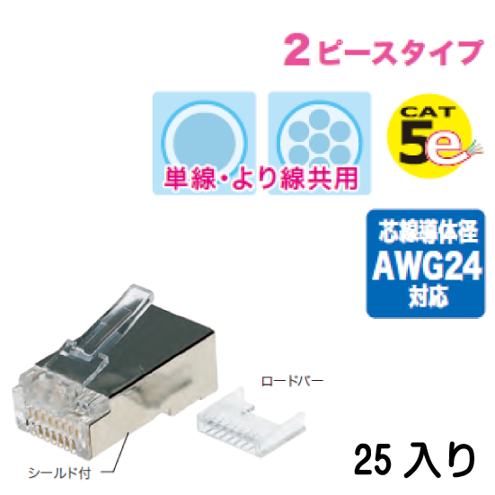 カテゴリー5e モジュラープラグ（単線・より線共用タイプ）シールド付2ピースタイプ M5E-2P-855S 25入り