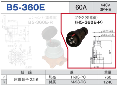 露出型コネクタ(防雨型) B5-360E プラグ（受電側）B5-360E-P