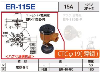 露出型コネクタ(防雨型) ER-115E コンセント（電源側）ER-115E-R CTCφ19(薄鋼)