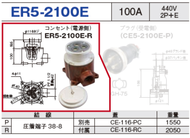 露出型コネクタ(防雨型) ER5-2100E コンセント（電源側）ER5-2100E-R