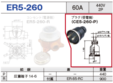 露出型コネクタ(防雨型) ER5-260 プラグ（受電側）ER5-260-P