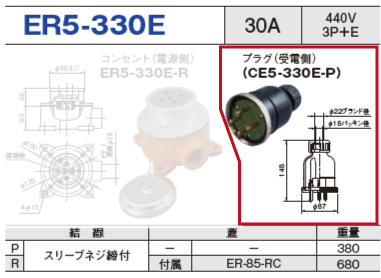 露出型コネクタ(防雨型) ER5-330E プラグ（受電側）ER5-330E-P