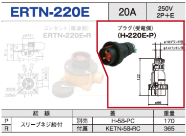 露出型コネクタ(防雨型) ERTN-220E プラグ（受電側）ERTN-220E-P