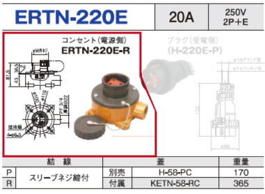 露出型コネクタ(防雨型) ERTN-220E コンセント（電源側）ERTN-220E-R