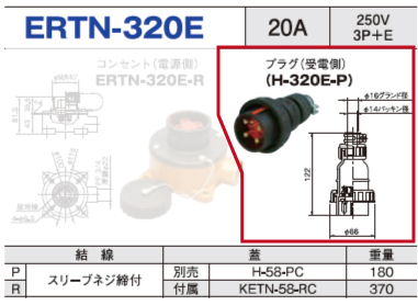 露出型コネクタ(防雨型) ERTN-320E プラグ（受電側）ERTN-320E-P