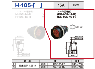 制御用多極型コネクタ H-105-16 プラグ（受電側）H-105-16-P