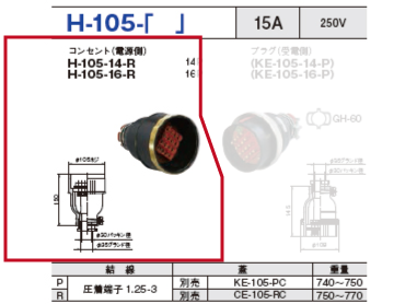 制御用多極型コネクタ H-105-16 コンセント（電源側）H-105-16-R