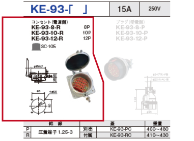 制御用多極型コネクタ KE-93-12 コンセント（電源側）KE-93-12-R