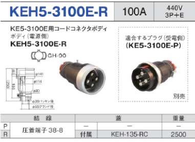 露出型コネクタ(防滴型) KEH5-3100E-R ボディ（電源側）KEH5-3100E-R