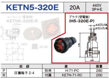 埋込型コネクタ KETN5-320E プラグ（受電側）KETN5-320E-P