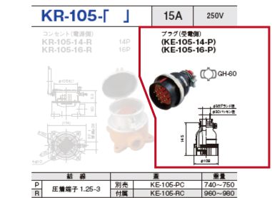 制御用多極型コネクタ KR-105-16 プラグ（受電側）KR-105-16-P