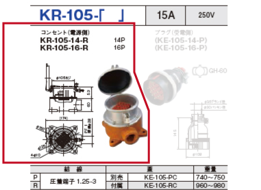 制御用多極型コネクタ KR-105-16 コンセント（電源側）KR-105-16-R