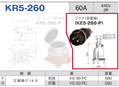 露出型コネクタ(防滴型) KR5-260 プラグ（受電側）KR5-260-P