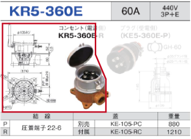 露出型コネクタ(防滴型) KR5-360E コンセント（電源側）KR5-360E-R